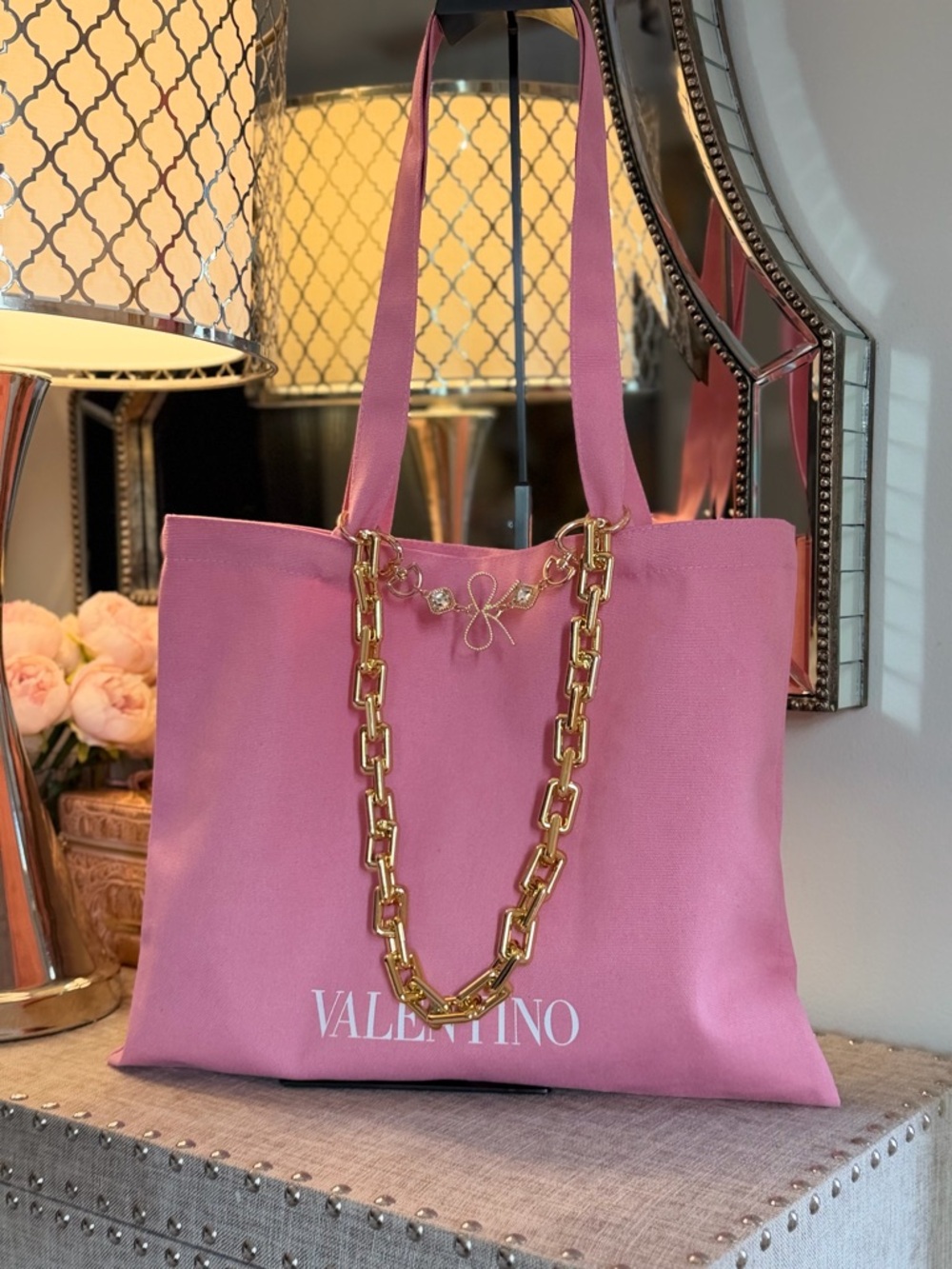 Pink Valentino 3Fer GWP Tote Bag with gorgeous Gold Chain + Gemstone Chain